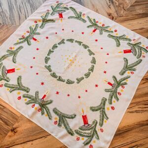 Vintage German Mid-Century Christmas Table Topper w Red Candles, Holly and Stars